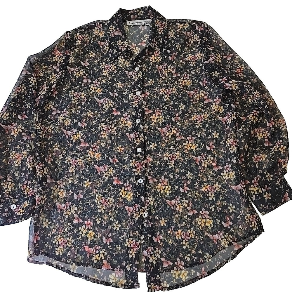 Sheer Floral Button Top Sz L Super Line Bohemian Whimsigoth Festive USA Fairy